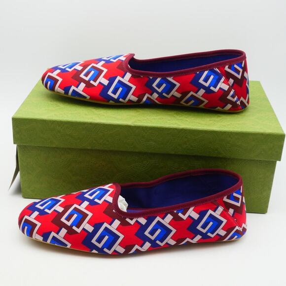 NEW Gucci Men's 12 Red Blue Geometric G Print Satin Smoking Slippers + DustBag - Picture 3 of 13